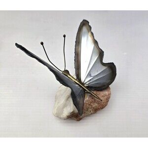 Vintage Metal Butterfly Art Sculpture on Natural Stone Rock Base Jake Flores